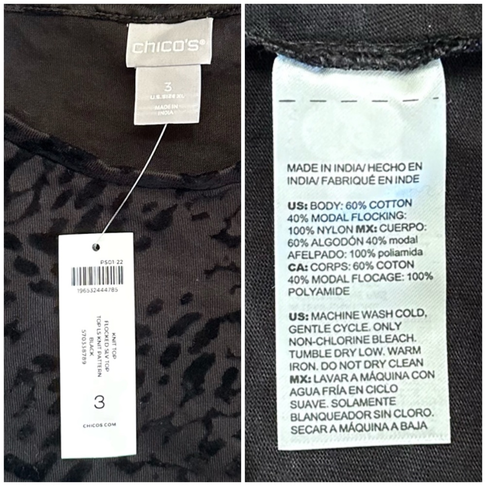 CHICO’S NWT 3 L XL Flocked Sleeve Knit Animal Print Blouson Sleeve Top in Black - Picture 5 of 9